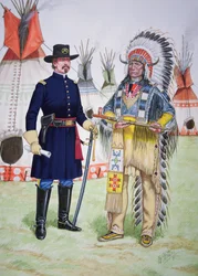 Chief Red Cloud of the Oglala Sioux offers pipe of peace to an officer of the 5th Regiment of US Cavalry at the signing of the Fort Laramie Treaty of 1868, from a set of six tableaux