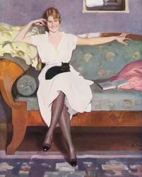 Woman with a Cat Sitting on a Sofa