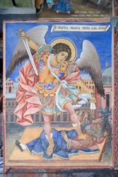 Fresco of St Michael Archangel at church of Nativity of Virgin, Rila Monastery, Bulgaria