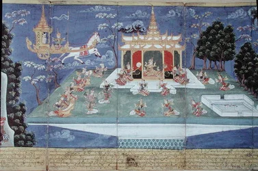 King Nimi in his divine chariot sent by Indra and led by the angel Matali, visits the skies and finds women of incomparable beauty, from the Nimi Jataka, 1869