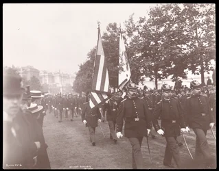 View of the Ancient Artillery of Boston marching in a parade in London, England