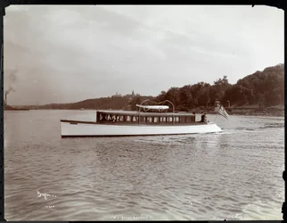 View of the Yacht Delicia of the New York Yacht, Launch and Engine Co. on the Hudson River near Morris Heights, New York, 1903