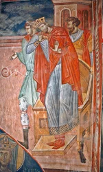 Diocletian (Diocletien, 244-311) - Painting by Damiane (active 14th century) - 14th century - Fresco - Saint George