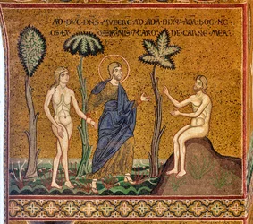 God introduces Eve to Adam, byzantine mosaic, XII-XIII century, on the counterfacade