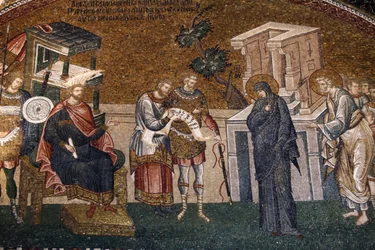Mary & Joseph before Cyremius enrolling for the taxation, with a guard, a scribe and an officer, c. 14th century