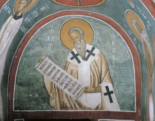 Paintings of a saint holding a letter, St. Ignatius Of Antioch, Panagia Too Araka, Lagoudera, Cyprus