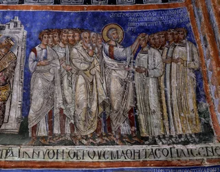 St. Paul laying his hands on newly baptized, Byzantine fresco in transept of Tokali Kilise (Buckle Church), Goreme (12th-13th century)