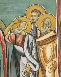 Three people in a church, Panagia too Araka, Byzantine, Troodos Mountains, Cyprus