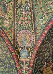 Detail from the vault depicting birds and a peacock