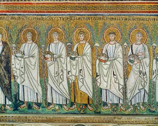 Procession of Martyrs: Saint Clement, Sixtus, Lawrence, Hippolytus, Cornelius, All Carrying Crowns - Symbol of Martyrs