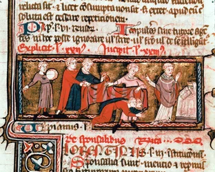 Wedding scene, the spouses are covered with a cloth, symbol of their union. Miniature taken from the Justinian Code