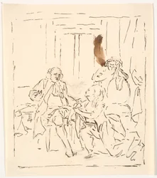 A Woman Kneels Before a Seated Man. In the Background, a Weeping Woman Leaning on a Chair. Theater Scene?