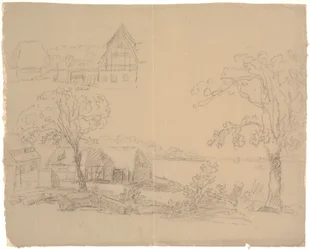 Landscape with farm by a lake. F.o.t.v. a farm