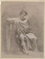 Seated Model in Drapery. Sitting on Low Plinth and Resting Right Arm on High Plinth