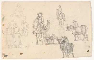 Sketches with Farmers, Horses, and Cows