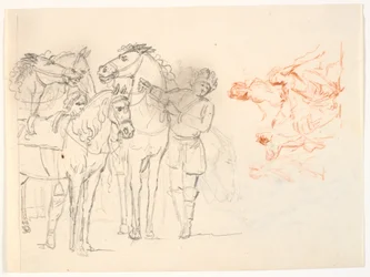 Two sketches. Left: a pencil sketch with horses and two men. Right: a red chalk sketch with a group of figures