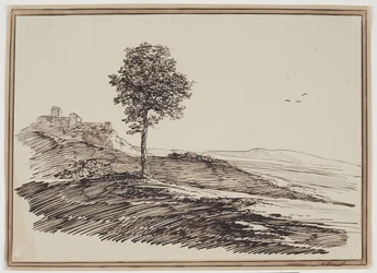 Mountain Landscape with Trees, Houses in the Background
