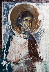 Figure of saint, fresco in church of Taxiarhon, Old Pyli, Kos island, Greece