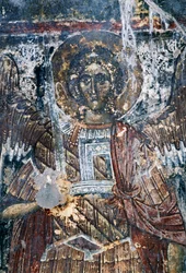 Horse, damaged fresco on ceiling of the church of Agios Vasileios, Vavouledo, Crete, Greece