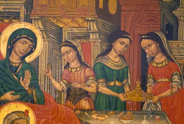 Madonna and women carrying food, Arkadi, Crete, Greece