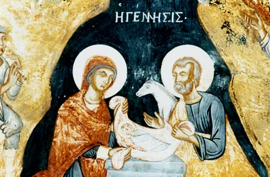 Nativity fresco in Mikro Sotiris monastery, Symi island, Greece