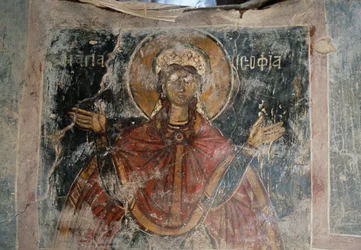 Saint, frescoed-walls in Church of Agios Georgios, Komitades, Crete, Greece