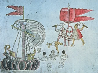 Spanish soldiers of Hernan Cortes wade ashore in 1519 to battle the Aztecs, copied from the Codex Azcatitlan, c.1550