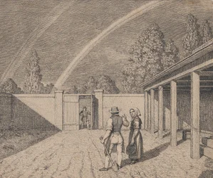 A couple conversing in a stable yard, with a double rainbow overhead, from Linear Perspective, 1841