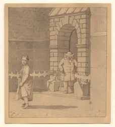 Street Scene with a Young Girl Lifting Her Skirt; in the Background an Elderly Man with a Cane