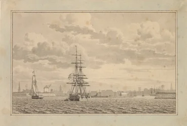 Copenhagen Seen from the Outer Harbor with a Brig at Anchor and a Sailing Sloop