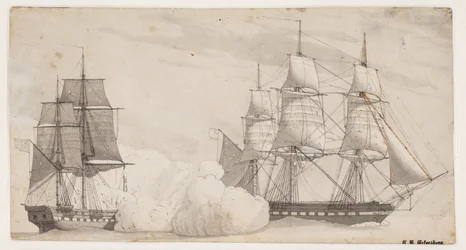 Two Warships in Battle (the English Frigate Shannon and the American Frigate Chesapeake?)
