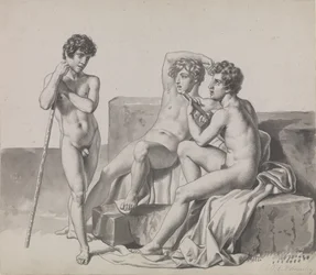 Three Young Naked Boys Standing or Sitting Among Stone Blocks