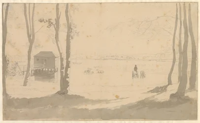 View Over a Lake, with a Bathhouse on the Left, Riders Watering Horses in the Middle, and Trees in the Foreground