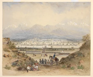 A general reviewing cavalry and infantry, who are about to enter a walled town in mountainous country, perhaps Kandahar