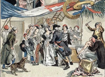 The arrest of Charlotte Corday after the murder of Jean Paul Marat in 1793, Illustration by Camille Gilbert from 1890