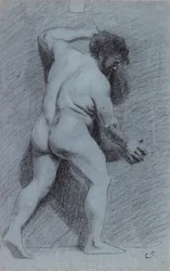 Study of a male nude posed against a wall seen in profile facing right, 1856-1860