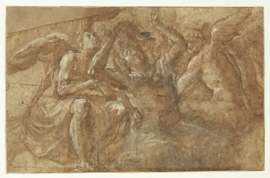 An Enthralled Man with Raised Hands Surrounded by Three Angels