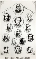 Louis Riel (1844-85) and his assassins, illustration from Le Gibet de Regina, published 1886