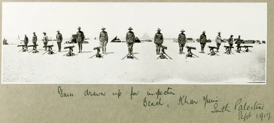 Guns drawn up for inspection on the beach, Khan Yunis, September 1917