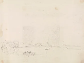 Sketch of Boats and a Large Building, from Across the Medina River