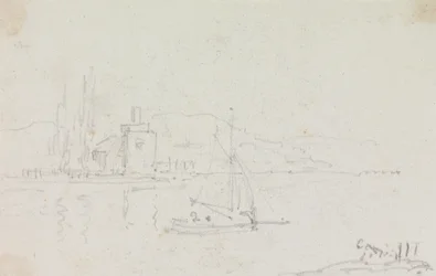 Sketch of a Sailing Boat and a Building on the Shore