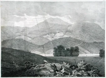 View of Part of the Lake and Cottages at Ottacamund, Neelgherry Mountains, plate 3 from View of the Neilgherries, or Blue Mountains of Coimbetoor, Southern India by Captain McCurdy, published 1830