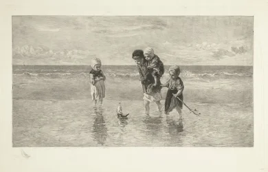 Four Children Playing with a Toy Boat on the Beach in Shallow Seawater (Children of the Sea)