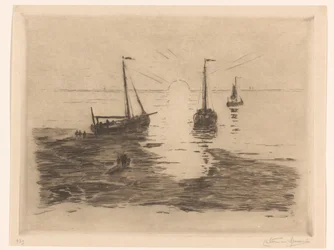 Seascape with Sailboats and Setting Sun