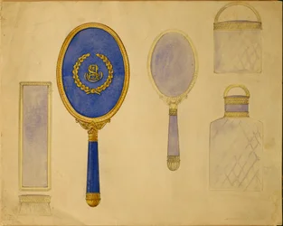 A Selection of Designs from the House of Carl Faberge Including an Oval Hand Mirror, a Smaller Mirror and Two Mounted Bottles