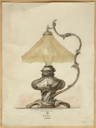 Drawing of a Silver Table Lamp with a Twisted Fluted Body in Rococo Style, House of Carl Faberge