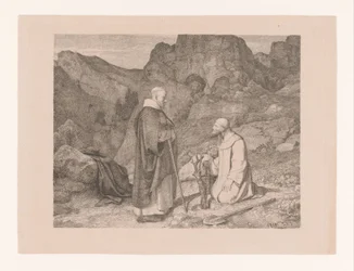 Two Monks by a Pruned Tree in a Mountain Landscape