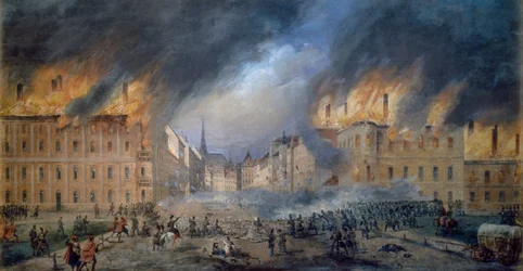 Battle at Sternbarrikade in Jagerzeile on 28th October 1848, Revolution in Vienna, Fire in City