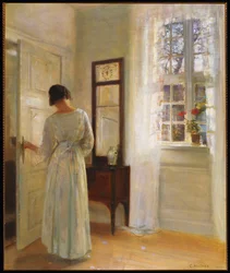 A Lady Looking in a Mirror by an Open Door