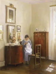 Interior with Lady Sewing